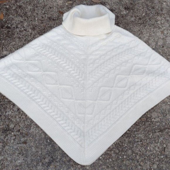 Talbots White Cable Knit Poncho Sweater Cowl Neck Cotton Blend XS NWT - Picture 5 of 7